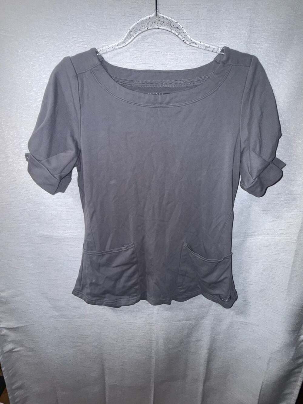 Jaanuu Women's Gray Scrub Top with Pockets and Rolled Sleeves
